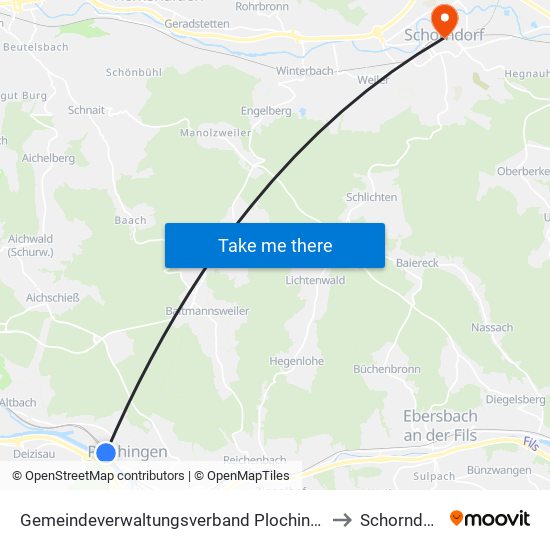 Gemeindeverwaltungsverband Plochingen to Schorndorf map