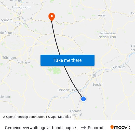 Gemeindeverwaltungsverband Laupheim to Schorndorf map