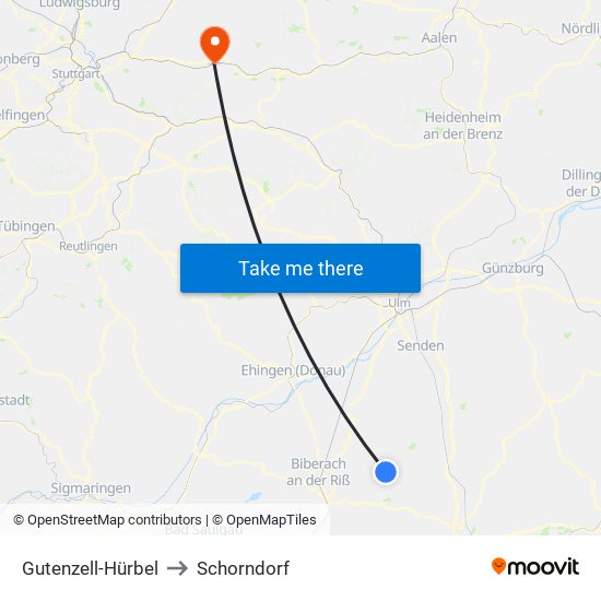 Gutenzell-Hürbel to Schorndorf map