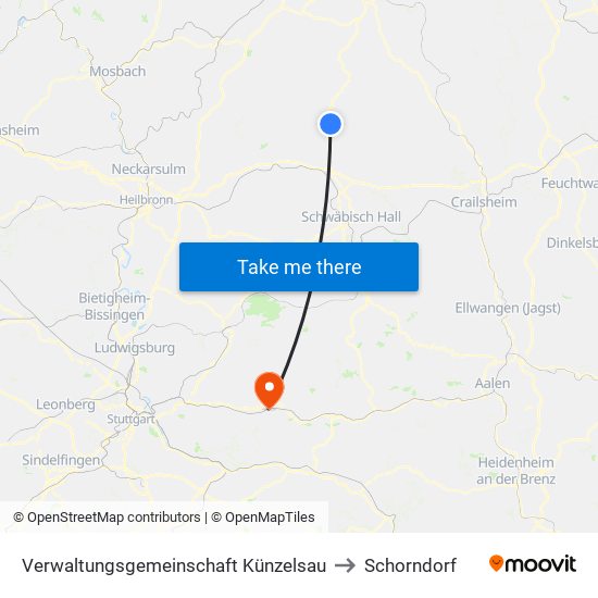 Verwaltungsgemeinschaft Künzelsau to Schorndorf map