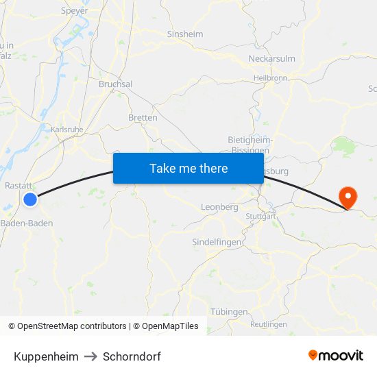 Kuppenheim to Schorndorf map