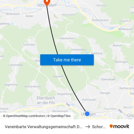 Vereinbarte Verwaltungsgemeinschaft Der Stadt Uhingen to Schorndorf map