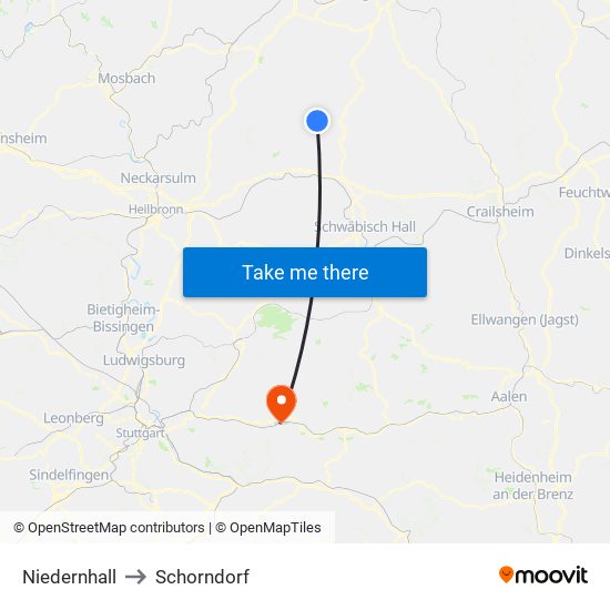 Niedernhall to Schorndorf map