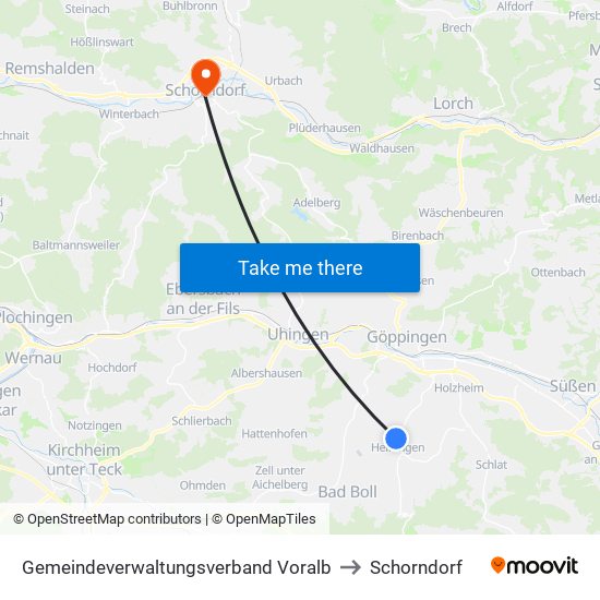 Gemeindeverwaltungsverband Voralb to Schorndorf map