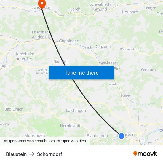 Blaustein to Schorndorf map