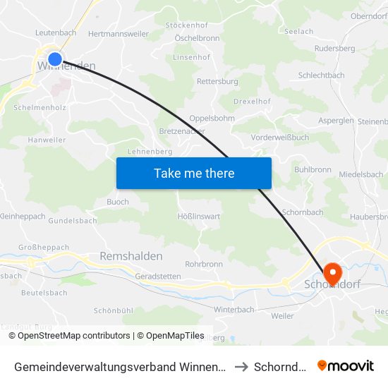 Gemeindeverwaltungsverband Winnenden to Schorndorf map