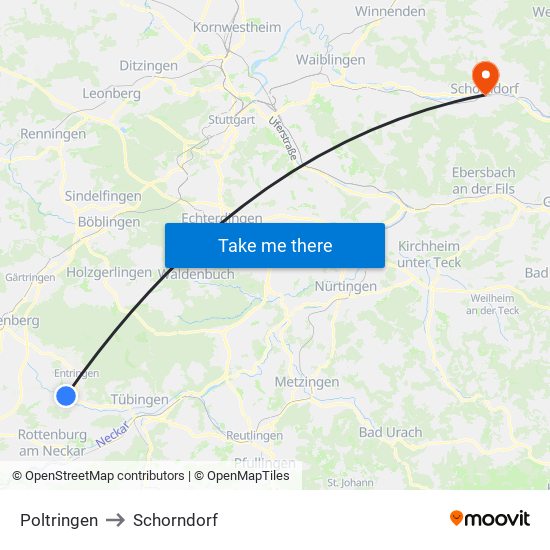 Poltringen to Schorndorf map