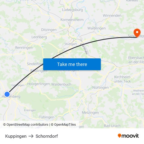 Kuppingen to Schorndorf map