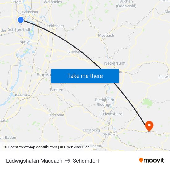 Ludwigshafen-Maudach to Schorndorf map