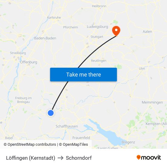 Löffingen (Kernstadt) to Schorndorf map