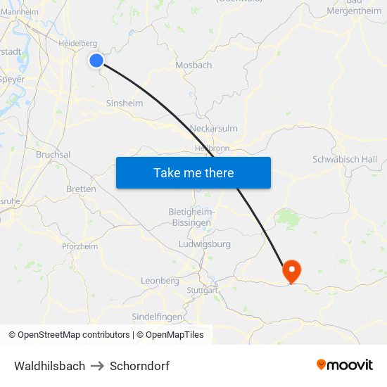 Waldhilsbach to Schorndorf map