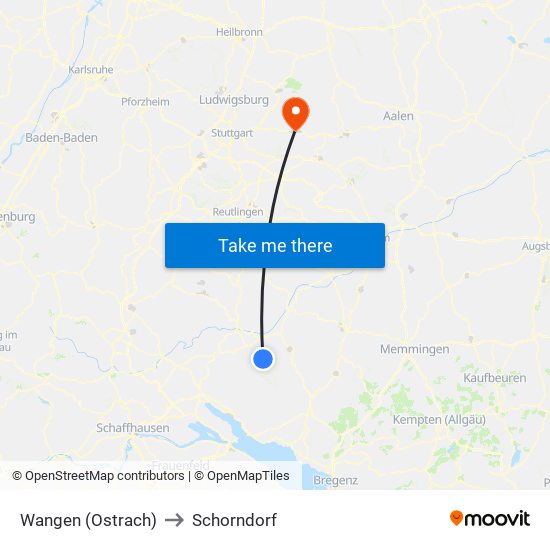 Wangen (Ostrach) to Schorndorf map