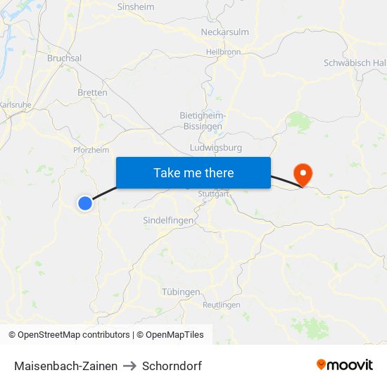 Maisenbach-Zainen to Schorndorf map