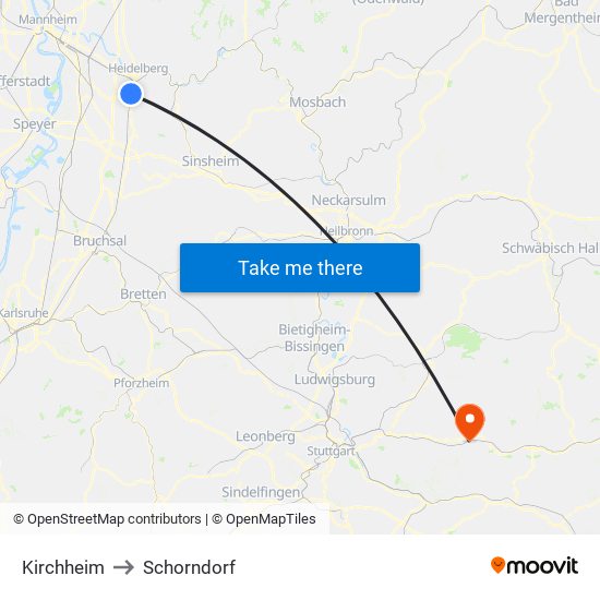 Kirchheim to Schorndorf map