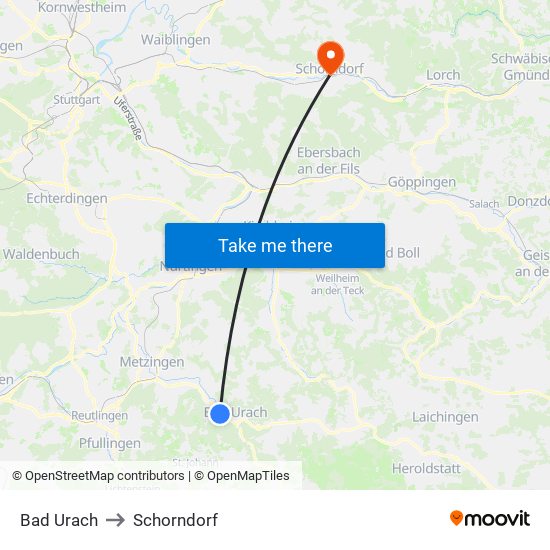 Bad Urach to Schorndorf map