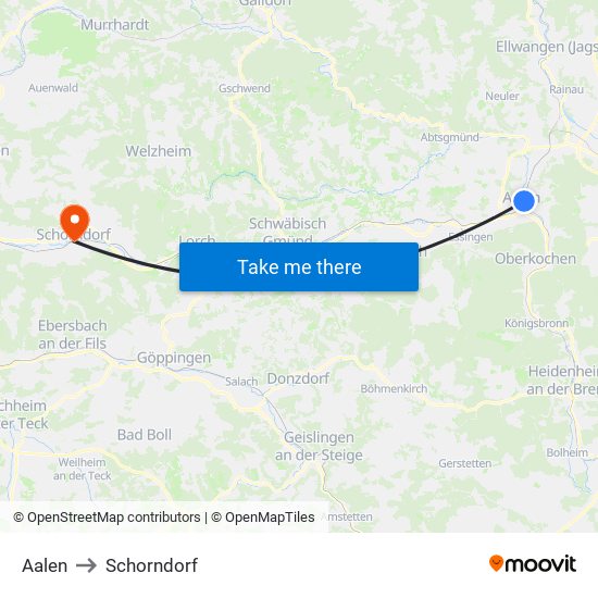 Aalen to Schorndorf map