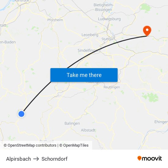 Alpirsbach to Schorndorf map