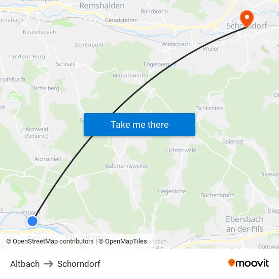 Altbach to Schorndorf map