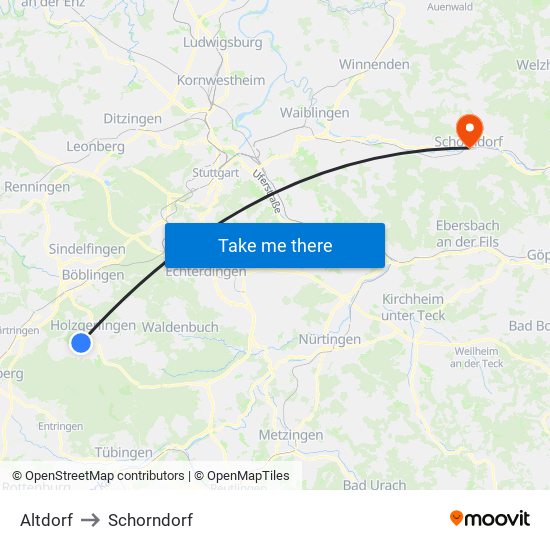 Altdorf to Schorndorf map