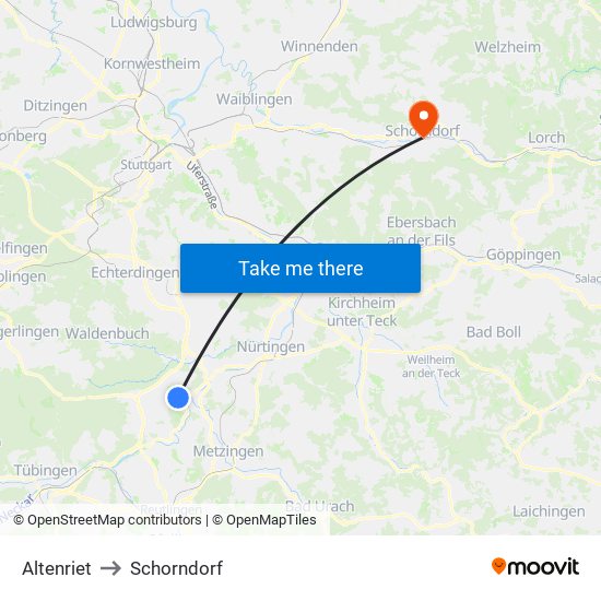 Altenriet to Schorndorf map
