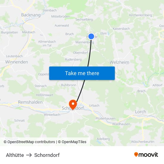 Althütte to Schorndorf map