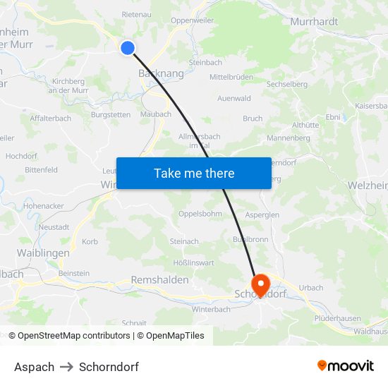 Aspach to Schorndorf map