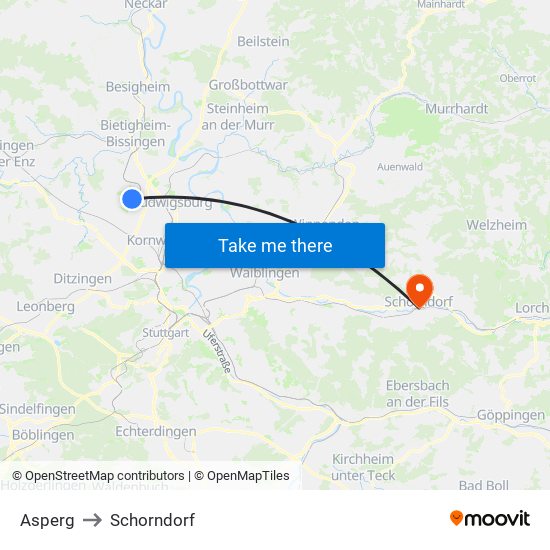 Asperg to Schorndorf map