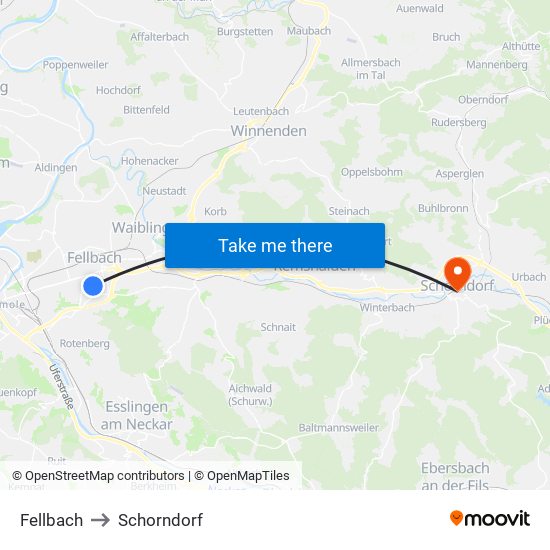 Fellbach to Schorndorf map