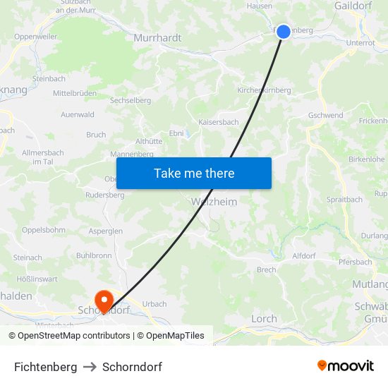 Fichtenberg to Schorndorf map