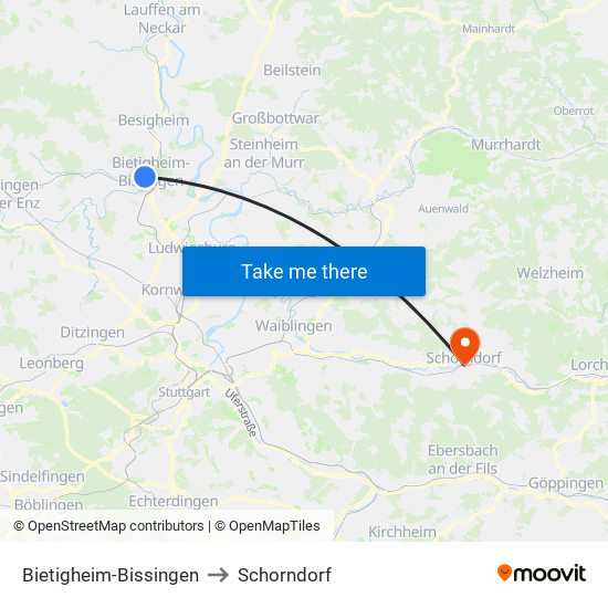 Bietigheim-Bissingen to Schorndorf map