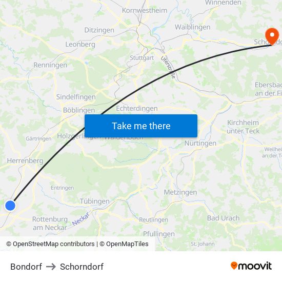 Bondorf to Schorndorf map