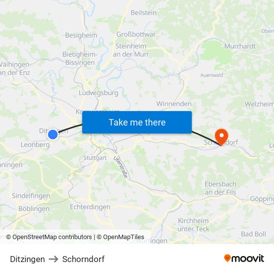 Ditzingen to Schorndorf map