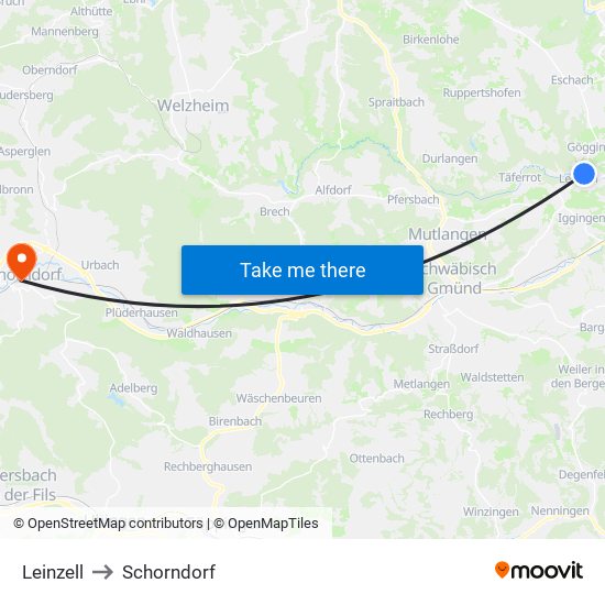 Leinzell to Schorndorf map