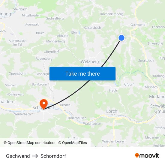 Gschwend to Schorndorf map
