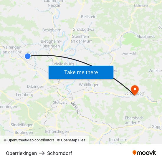 Oberriexingen to Schorndorf map