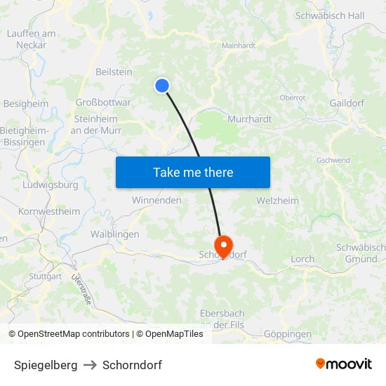 Spiegelberg to Schorndorf map