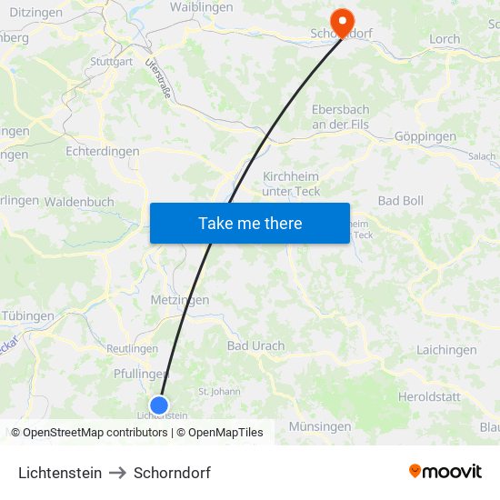 Lichtenstein to Schorndorf map