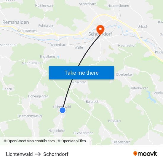 Lichtenwald to Schorndorf map