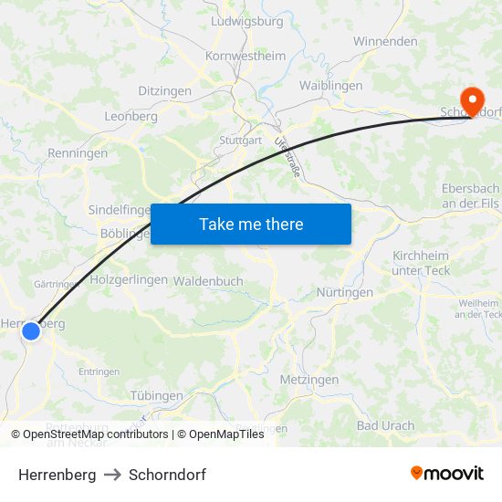 Herrenberg to Schorndorf map