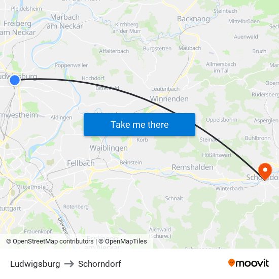 Ludwigsburg to Schorndorf map