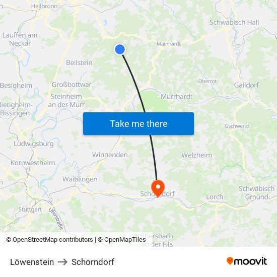 Löwenstein to Schorndorf map