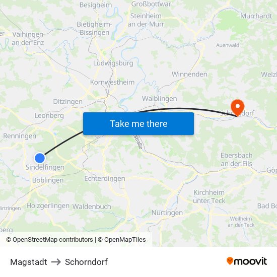 Magstadt to Schorndorf map