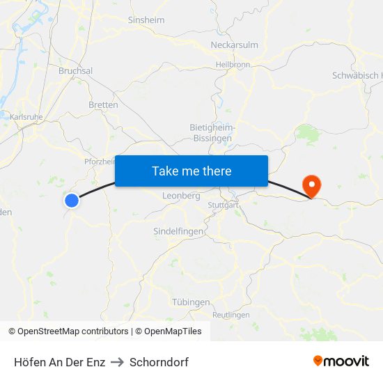Höfen An Der Enz to Schorndorf map