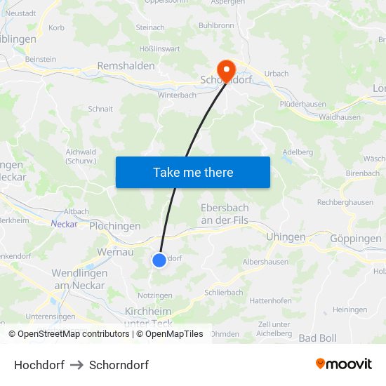 Hochdorf to Schorndorf map