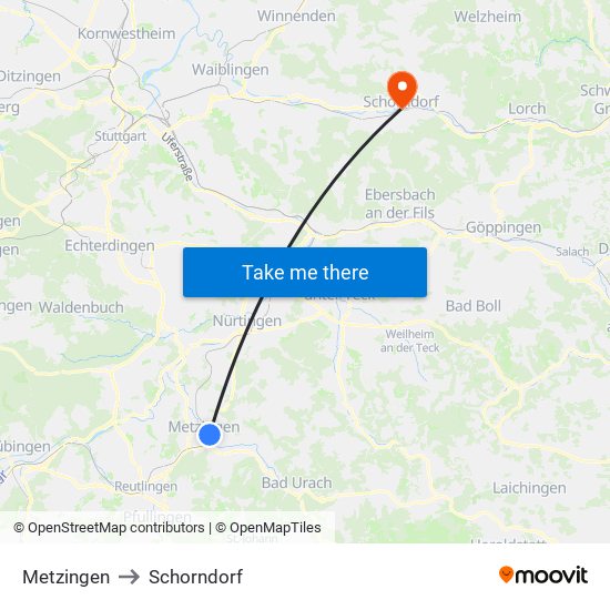 Metzingen to Schorndorf map