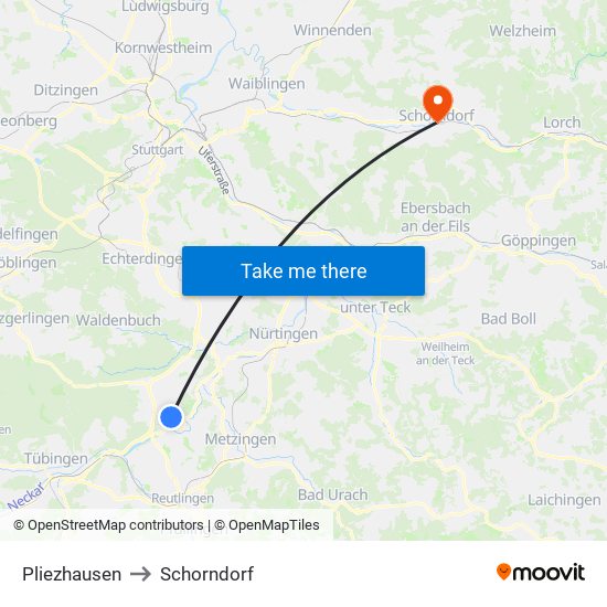 Pliezhausen to Schorndorf map