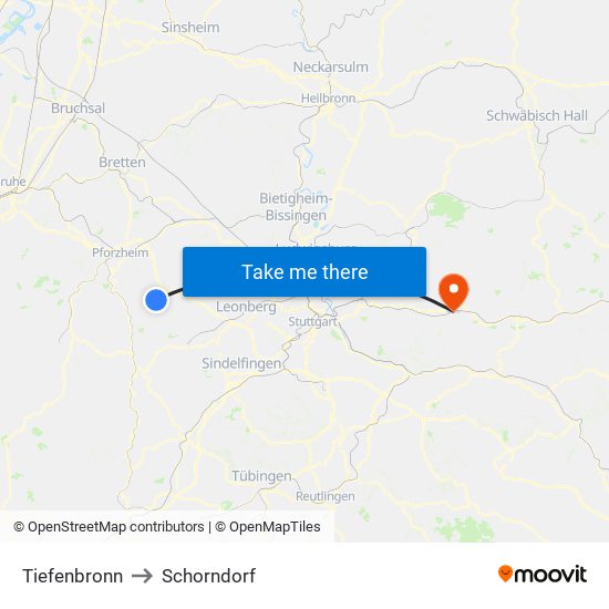Tiefenbronn to Schorndorf map