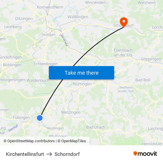 Kirchentellinsfurt to Schorndorf map