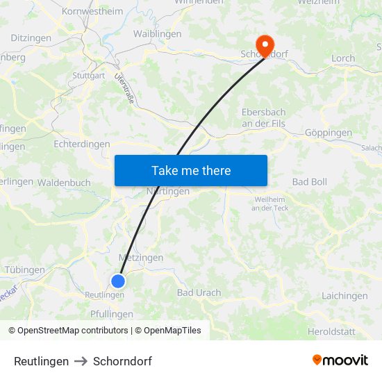 Reutlingen to Schorndorf map