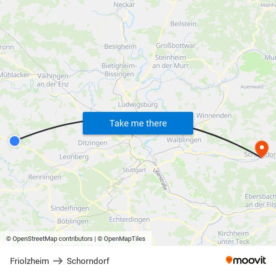 Friolzheim to Schorndorf map